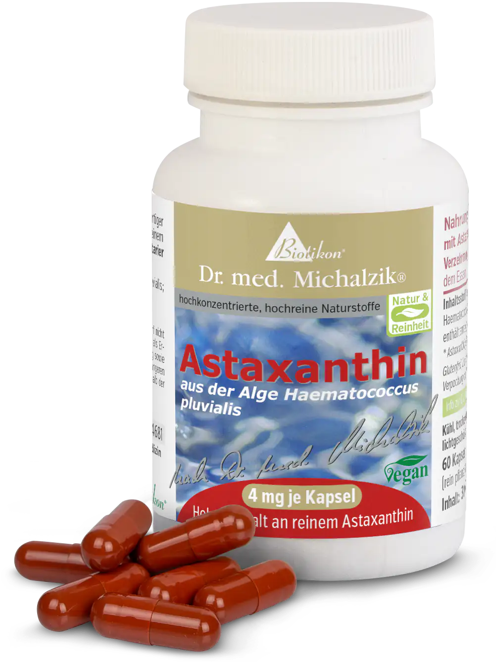 Astaxanthin 4 mg – Capsules 60 Astaxanthin capsules from Haematococcus pluvialis, reddish-brown capsules in a white container.