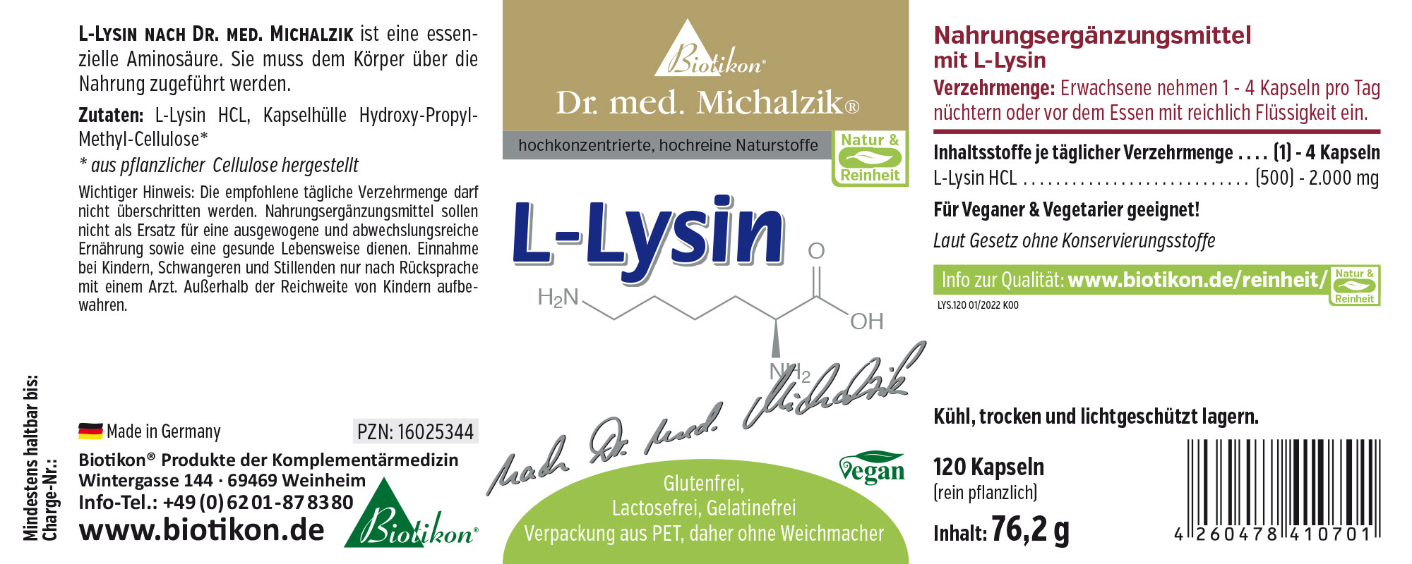 L-Lysine 500 mg – 120 Capsules Vegan L-Lysine dietary supplement in capsules, 120 pieces, green and white packaging.