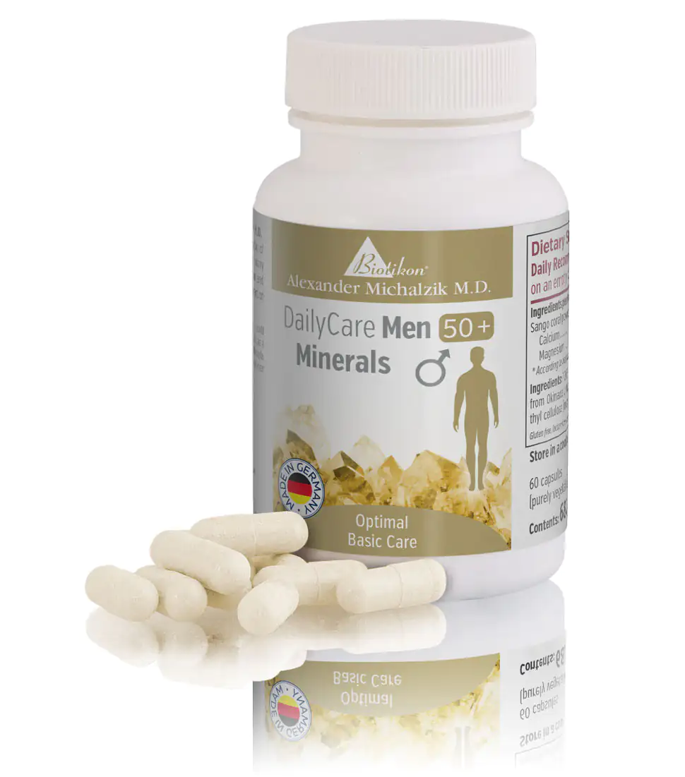 Minerals for Men 50+ – 60 Capsules White capsule packaging with 60 capsules, suitable for men over 50, slightly transparent.