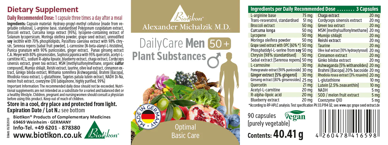 DailyCare Men 50+ – 90 Capsules Dietary supplement for men over 50, 90 vegetarian capsules, featuring green and red tones.
