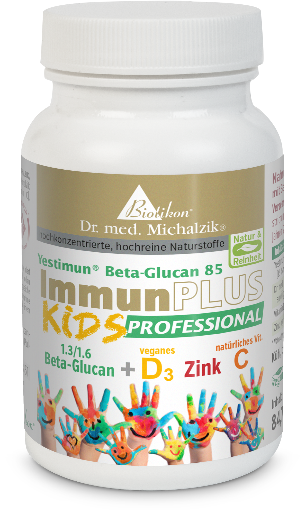 ImmunPLUS KIDS – 84 Capsules Vegan capsules in a white container with colorful children's hands, 84 pieces.