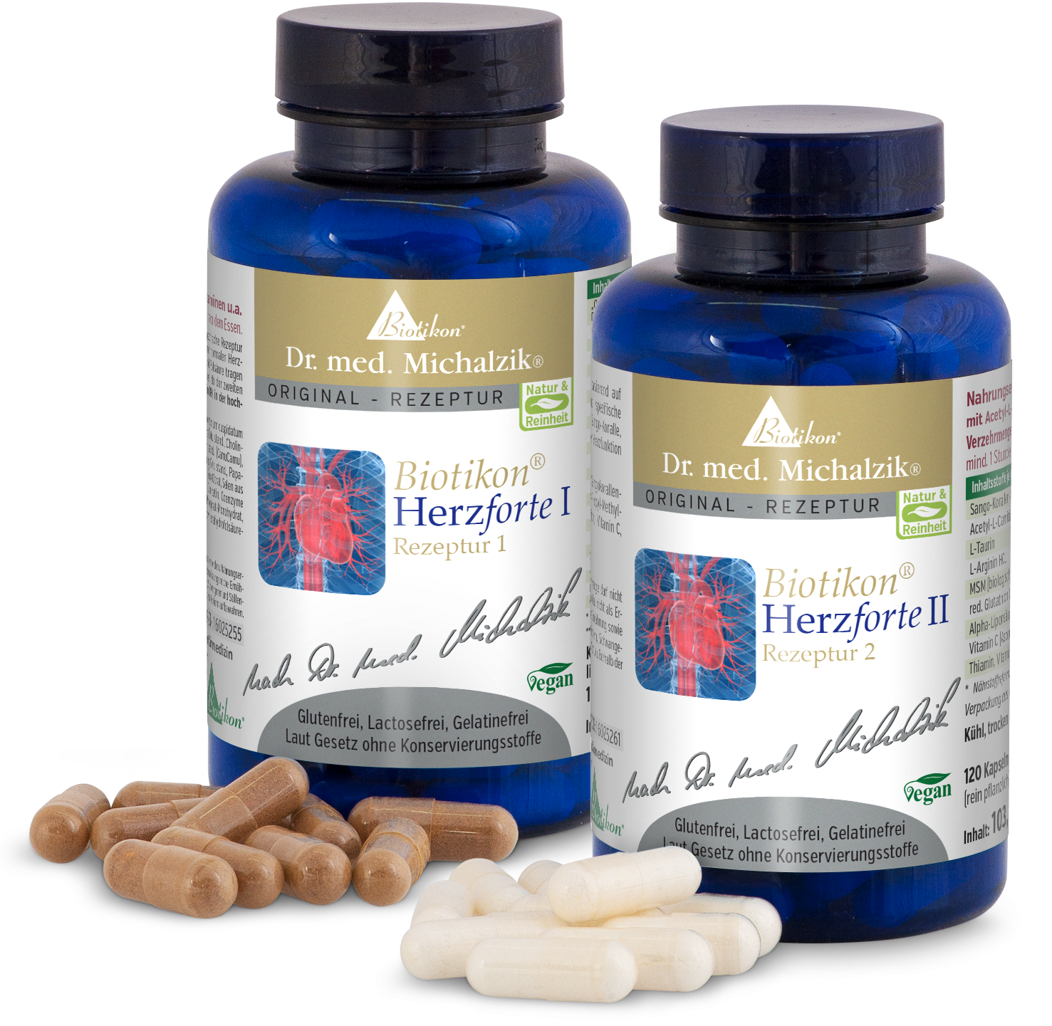 Biotikon Heart Strength I and II – Capsules Two blue bottles of Biotikon Heart Strength I and II. Capsules in two colors are beside them. Transparent background.