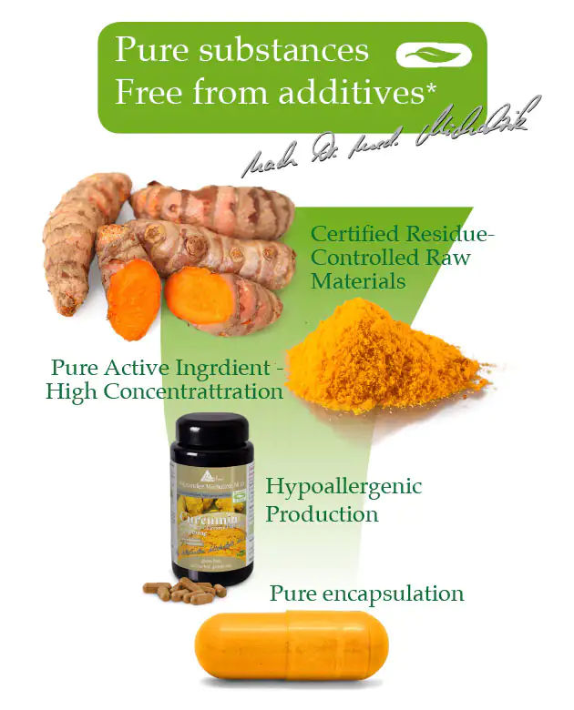 Curcumin 500 mg – Capsules Curcumin capsules in black container, 500 mg, orange capsules alongside fresh turmeric.