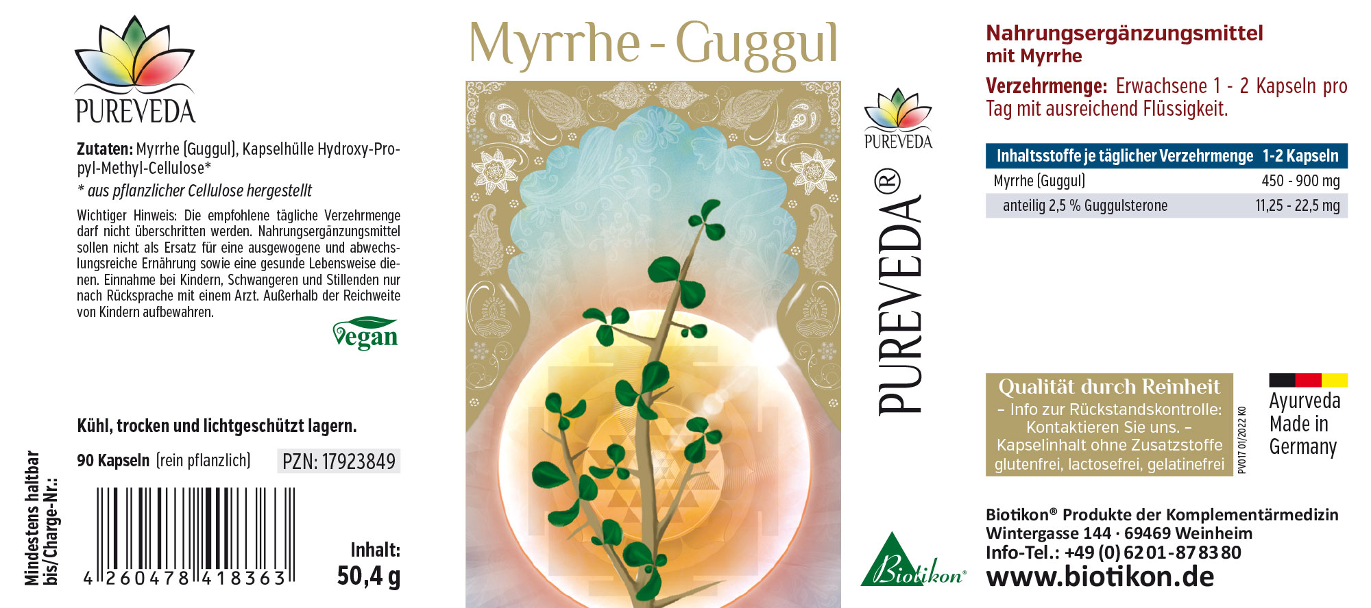 Myrrh Guggul 90 Capsules – Dietary Supplement Dietary supplement with myrrh, 90 vegan capsules, yellow packaging, side view.