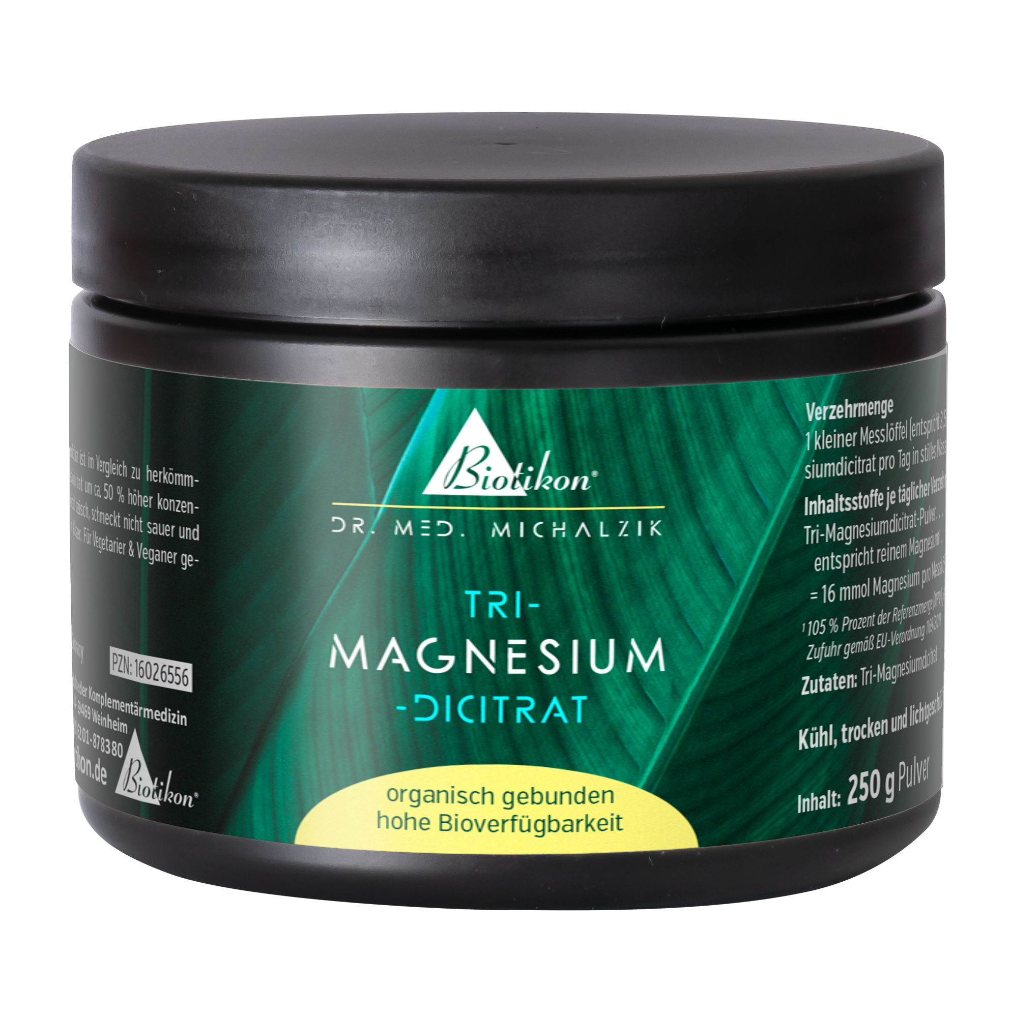 Tri-Magnesium Dicitrat 250 g - Powder Tri-Magnesium Dicitrat in black container, 250 g powder, slightly shiny surface.