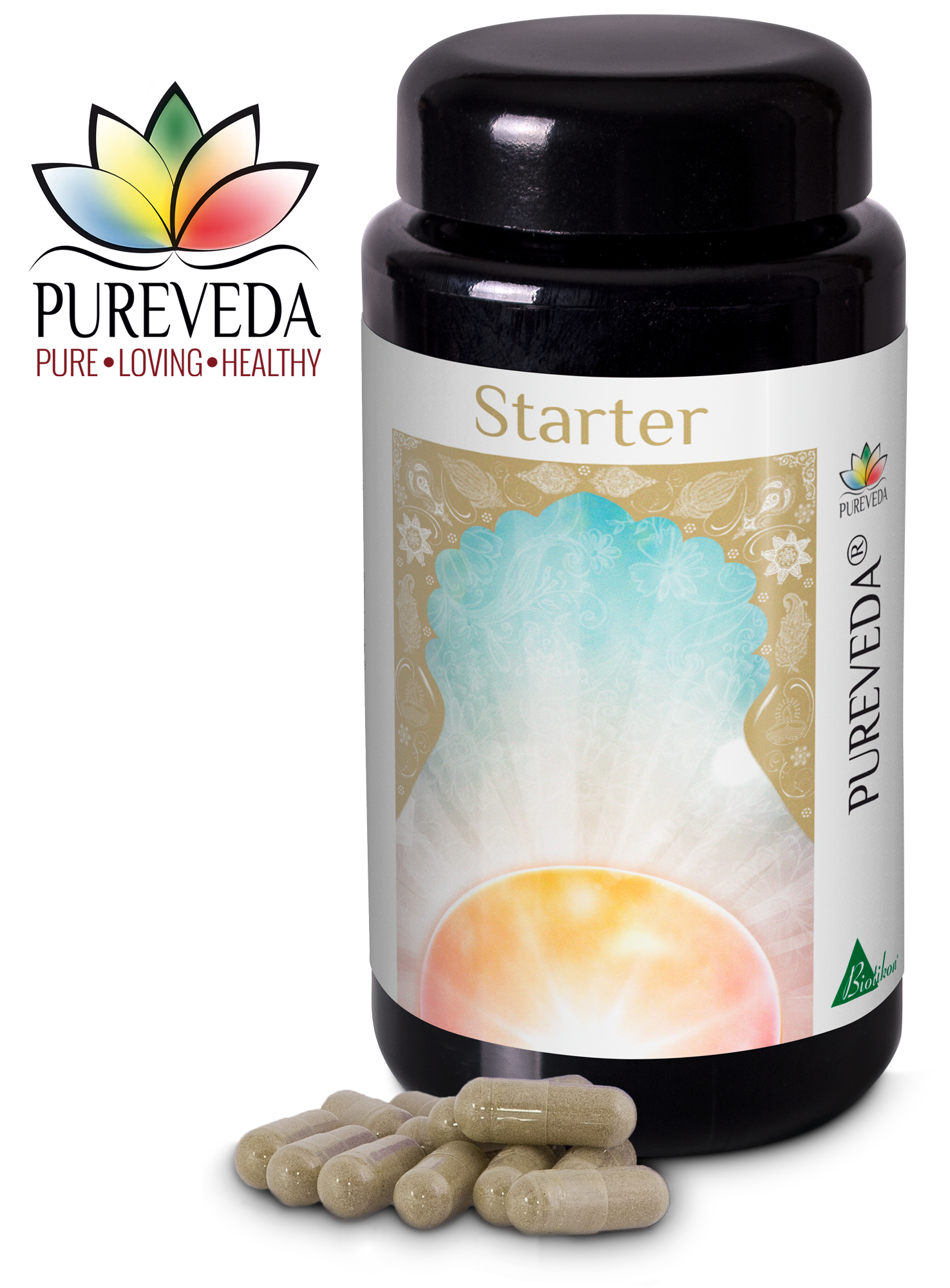 Starter Capsules – Dietary Supplement Dark container with starter capsules, beige and clear capsules on table, top view.