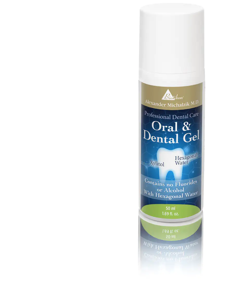 Oral & Dental Gel – 50 ml 50 ml Oral and Dental Gel in a bottle with a white pump, blue packaging, reflective surface.
