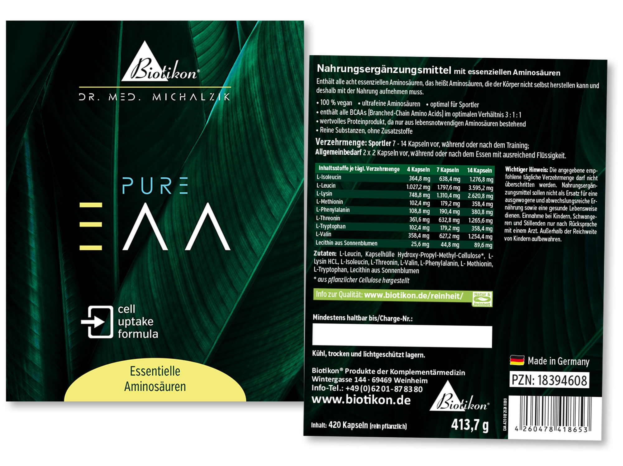 Essential Amino Acids 420 Capsules Pack of essential amino acids in capsules, 420 pieces, green packaging, front and back visible.