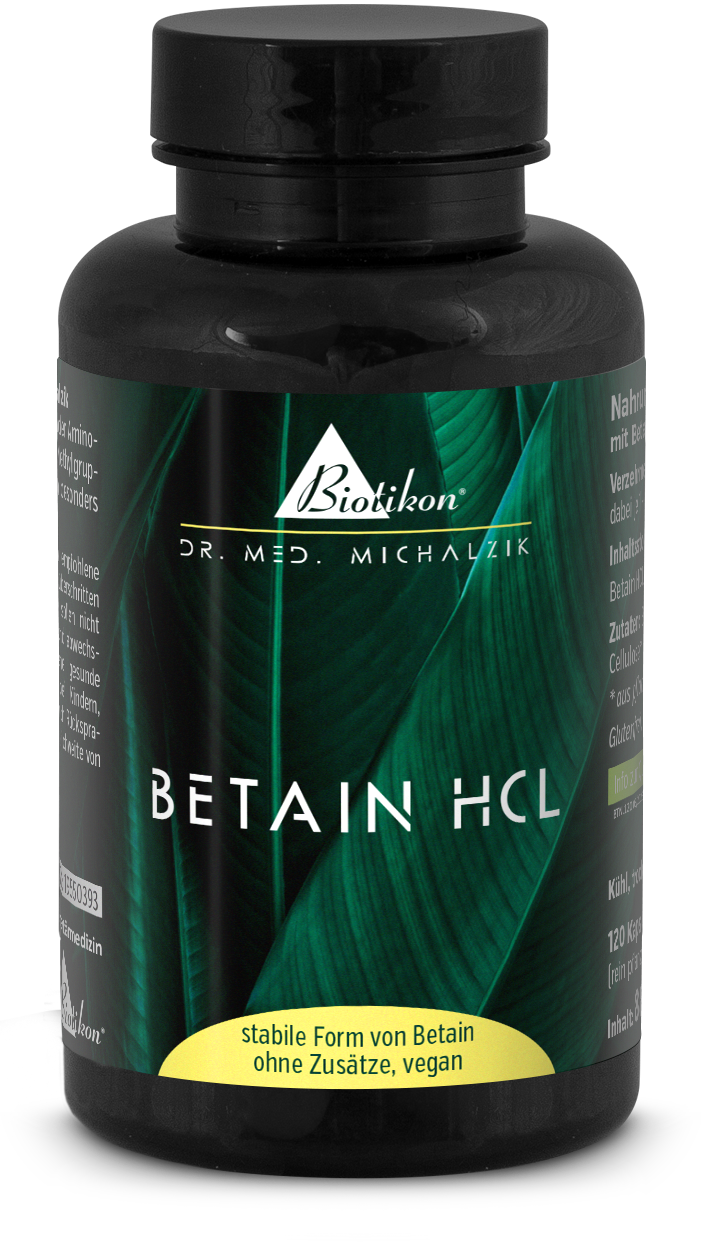 Betaine HCL 120 Capsules - Stable Form, Vegan Bottle with 120 Betaine HCL capsules, black packaging with green accents.