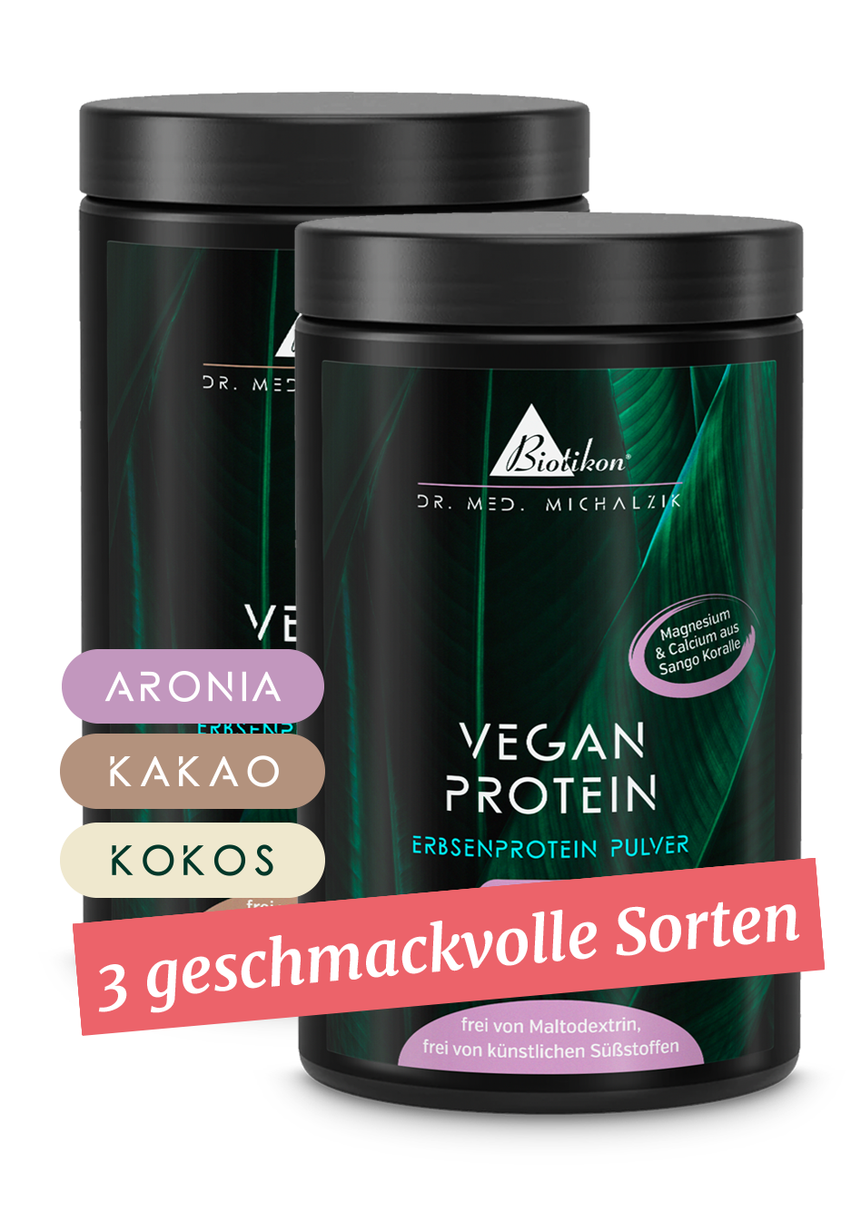 Two containers of plant protein powder in Aronia, Cocoa, and Coconut, white, front view.