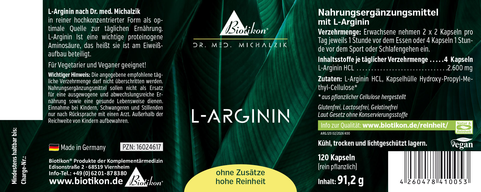 L-Arginine dietary supplement, 120 capsules, gluten-free and lactose-free, white packaging with organic detail label.