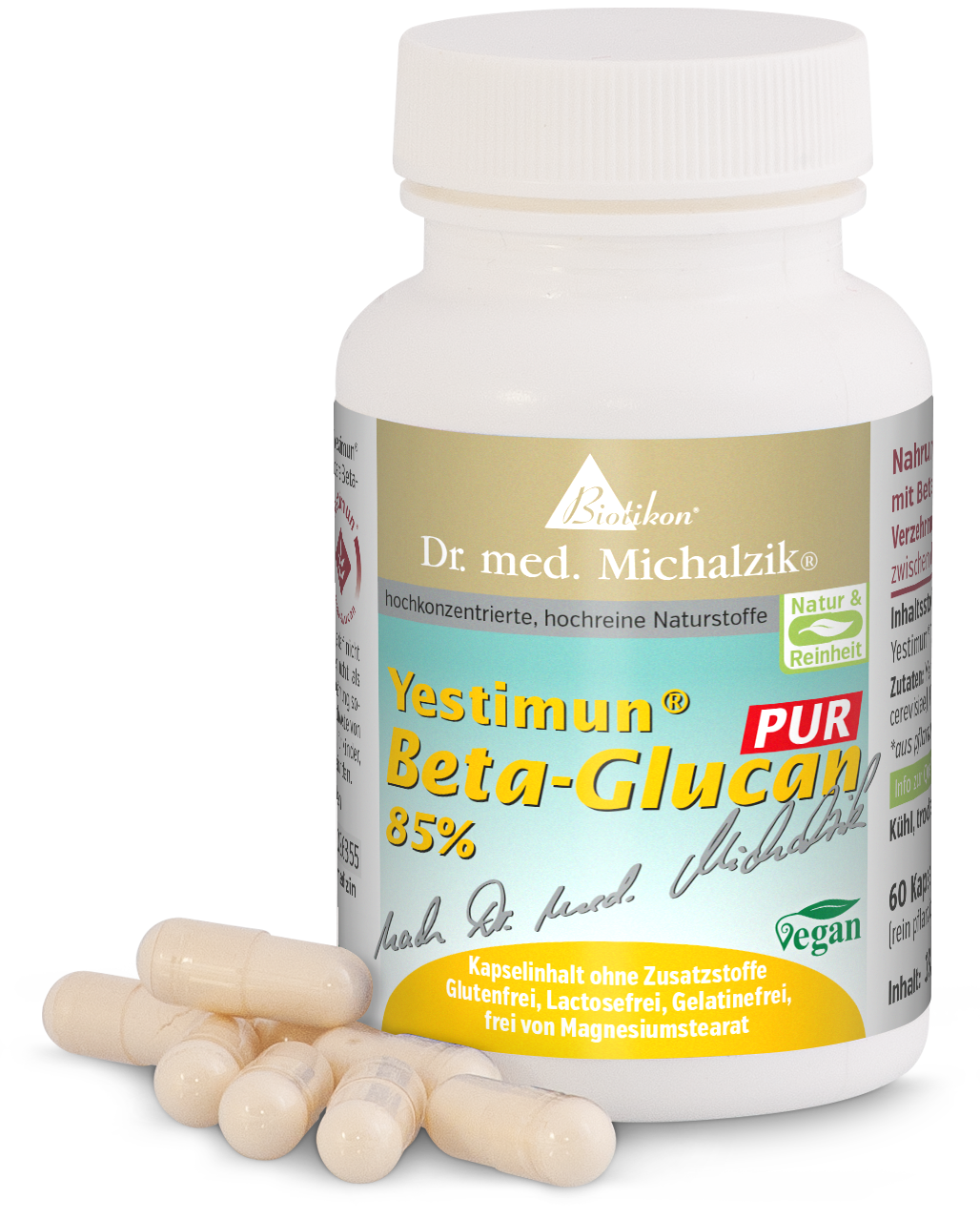 Beta-Glucan 85% - 60 Capsules Yestimun Beta-Glucan 85%, 60 capsules in a white container, capsules at the front, colorful packaging.