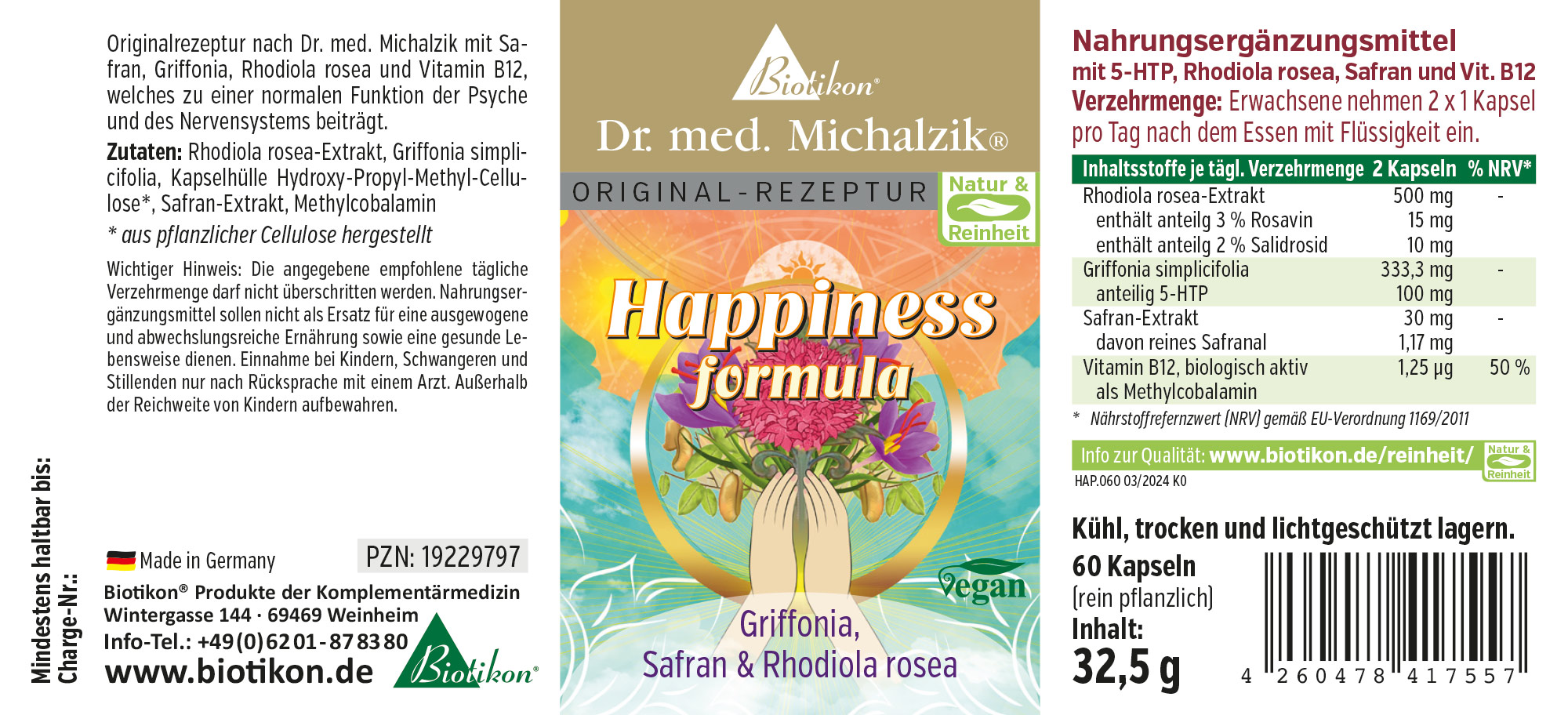 Happiness Formula – 60 Capsules Dietary supplement package containing 60 capsules for mental support, vegan, with colorful design.