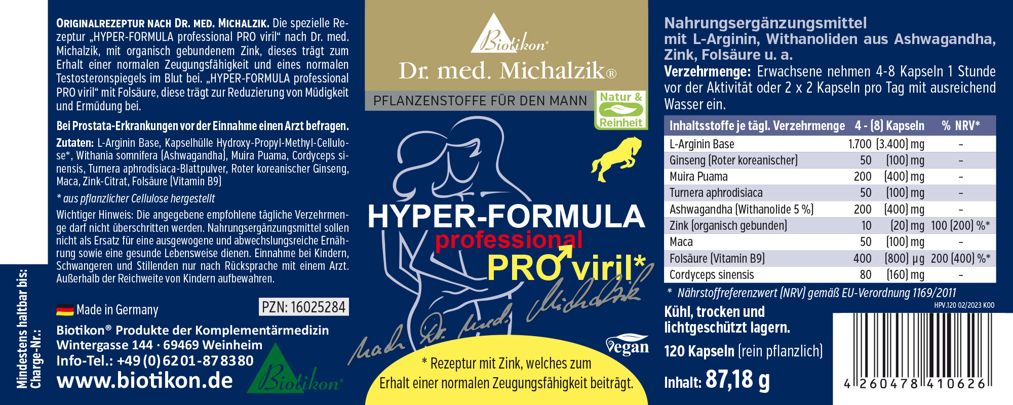 Hyper-Formula PRO viril – 120 Capsules Dietary supplement in blue packaging, 120 plant-based capsules for men, containing L-Arginine and Zinc.