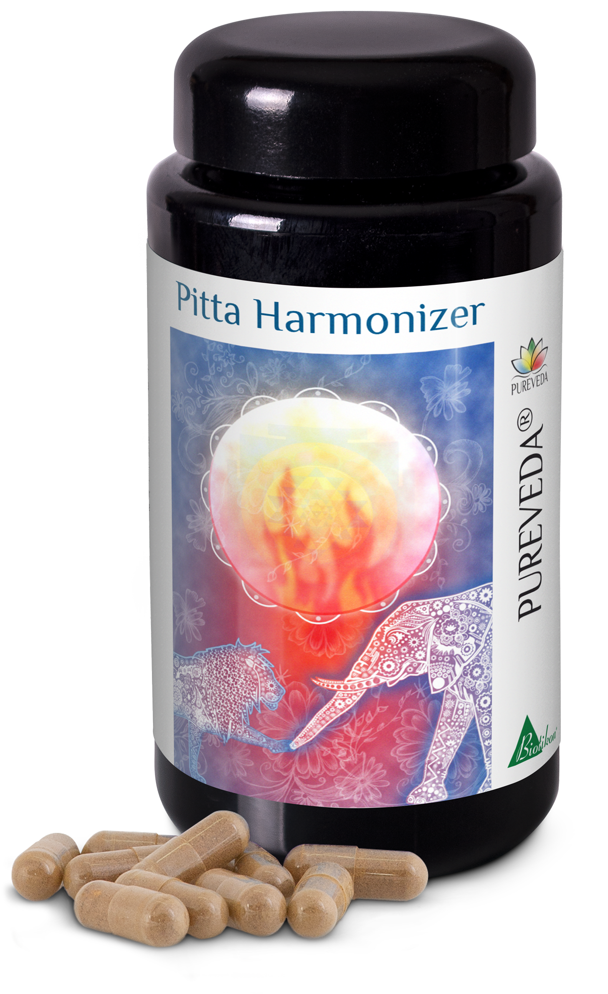 Pitta Harmonizer Capsules - 50 Count Bottle Black plastic bottle containing 50 Pitta Harmonizer capsules, brown color.