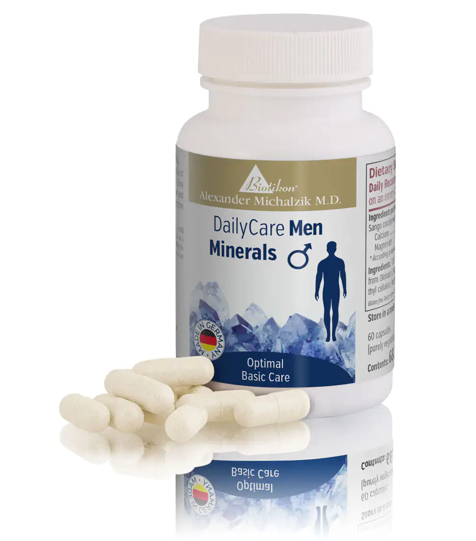 Minerals for Men - 60 Capsules Bottle containing 60 white capsules, packaging features a mountain motif and male silhouette, perspective view.
