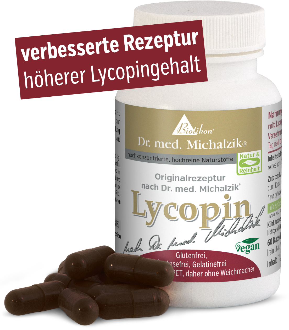 Lycopene Capsules – 60 Count Lycopene capsules in a white bottle, 60 capsules, dark brown, vegan.