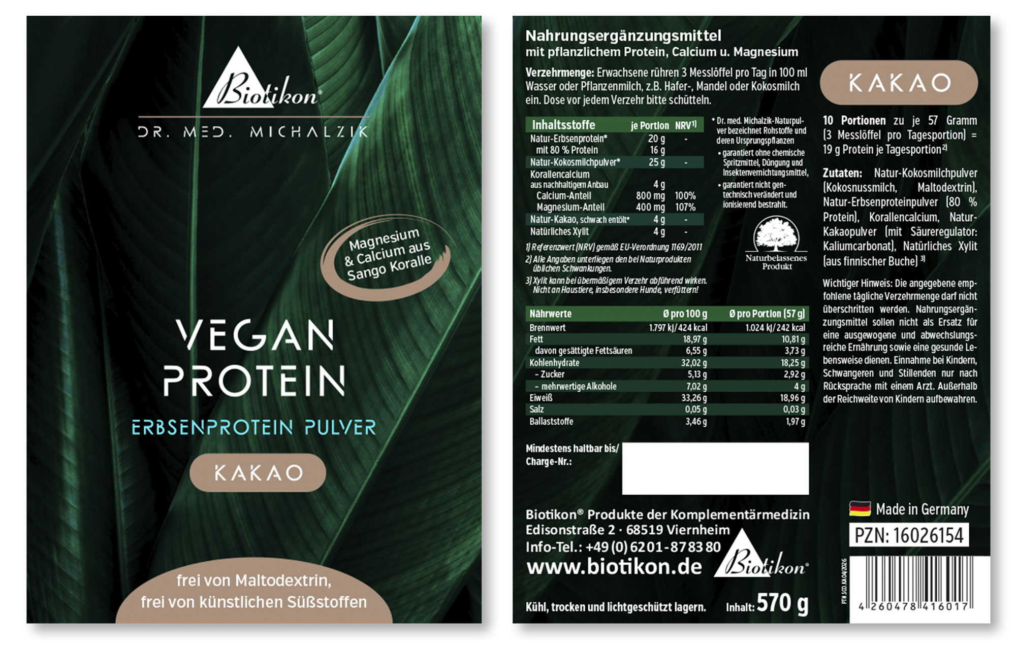 Cocoa plant protein powder, 570 g, in brown packaging, front view.