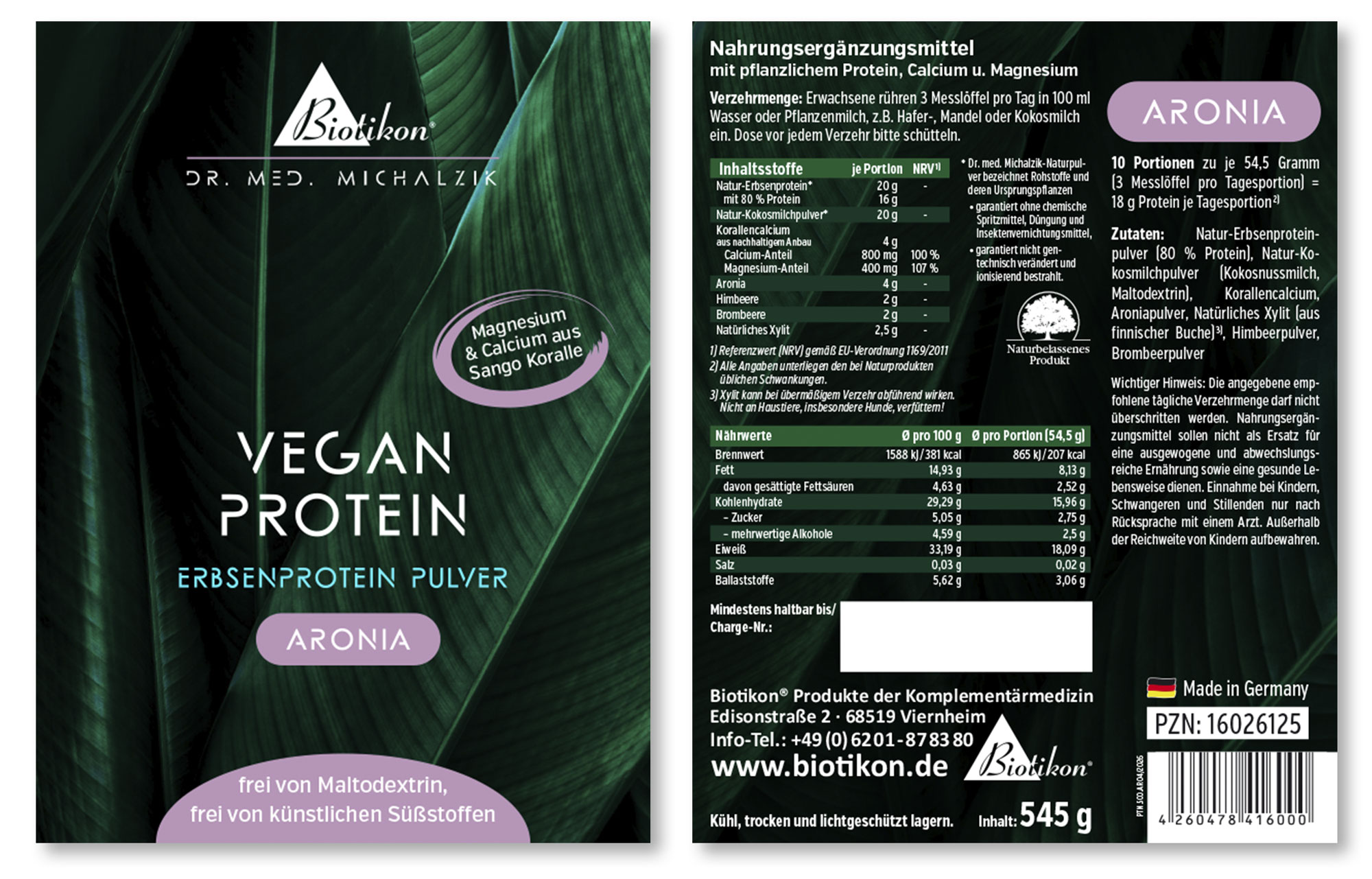 Plant-based protein powder with Aronia, 545 g packaging, violet background, side view