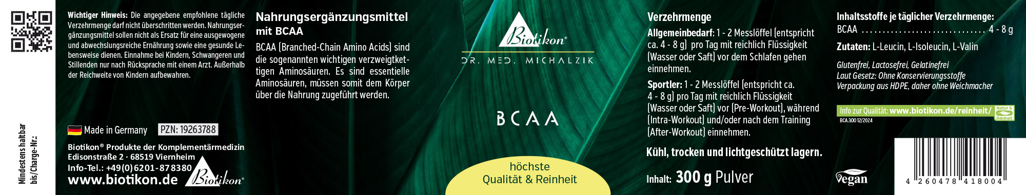 BCAA Powder – 300 g BCAA dietary supplement in powder form, 300 g, green packaging, viewed from the front.