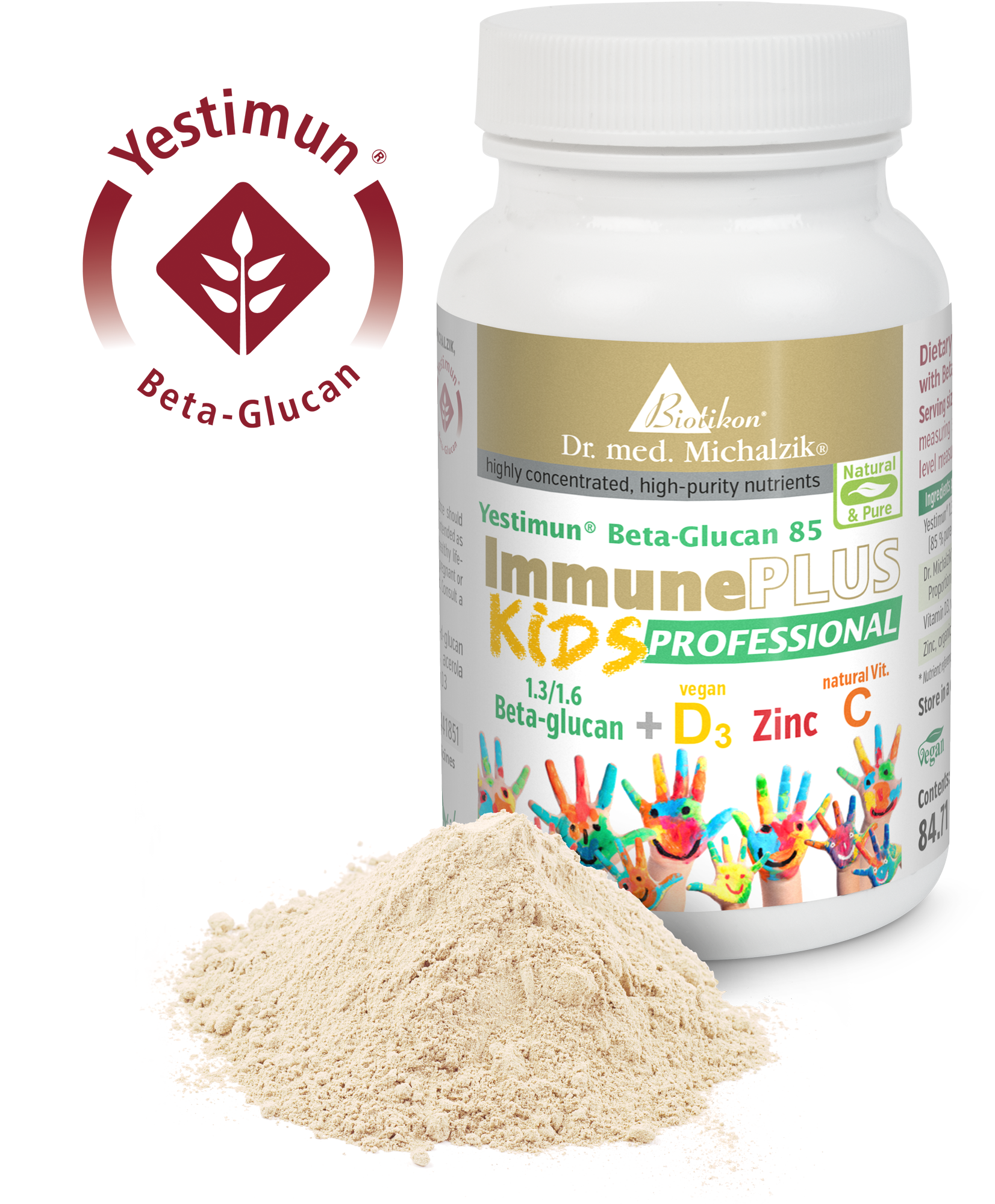 Beta-Glucan 1,3/1,6 – Powder for Kids Powder for kids with Beta-Glucan 1,3/1,6, zinc, and vitamin D3, packaged in a white can, 84 g.