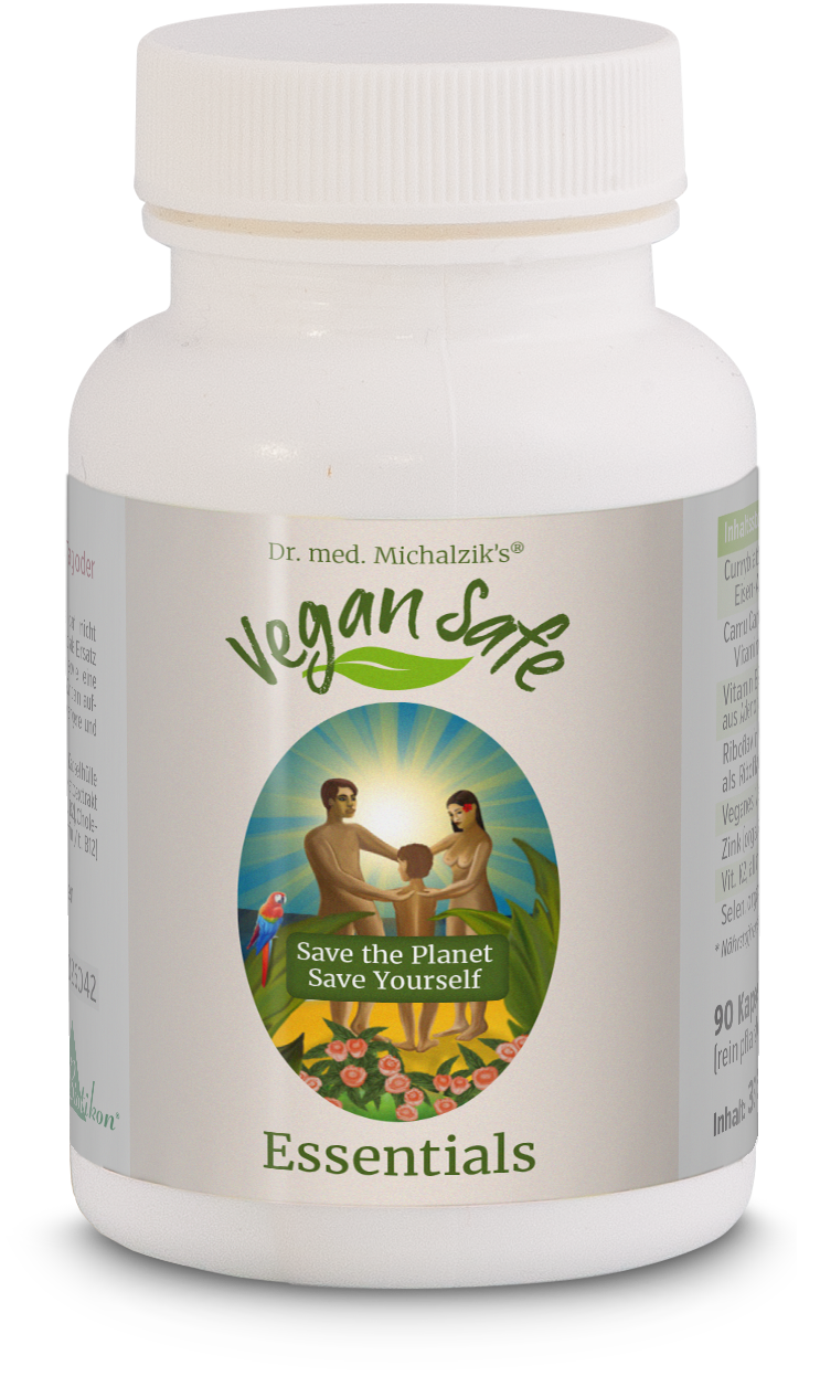 Vegan Safe Essentials – 90 Capsules Vegan Safe Essentials in a white capsule bottle with 90 capsules, featuring a colorful label and family illustration.