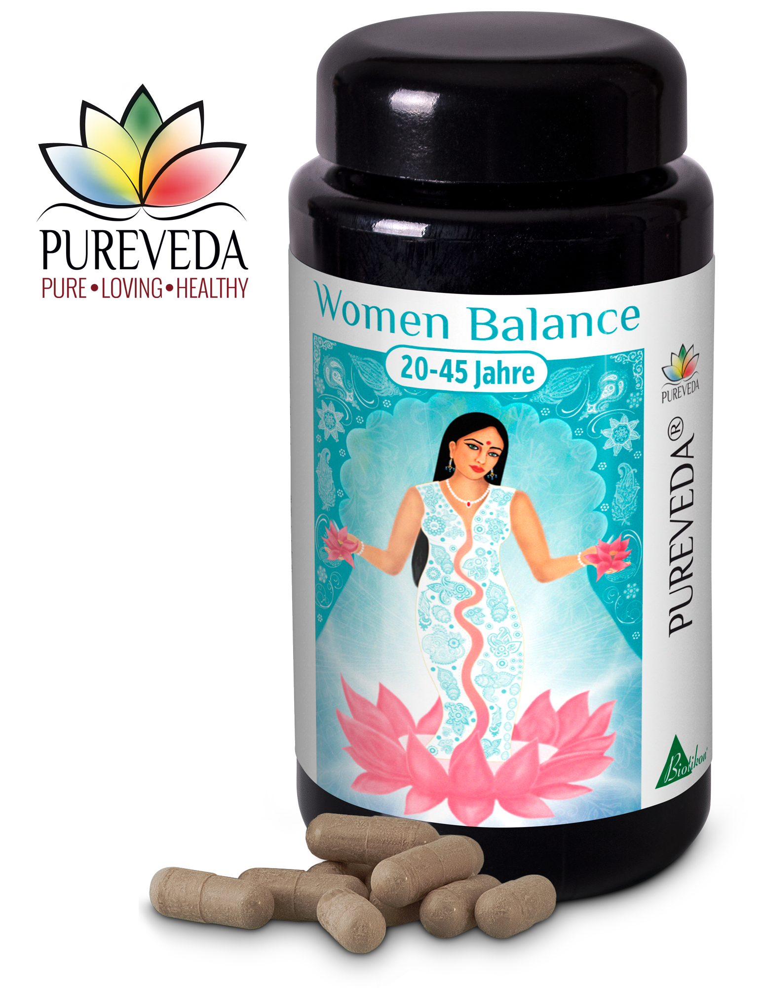 Women Balance Capsules 20-45 Years Capsules for women aged 20-45 in a black bottle, with some capsules beside it.