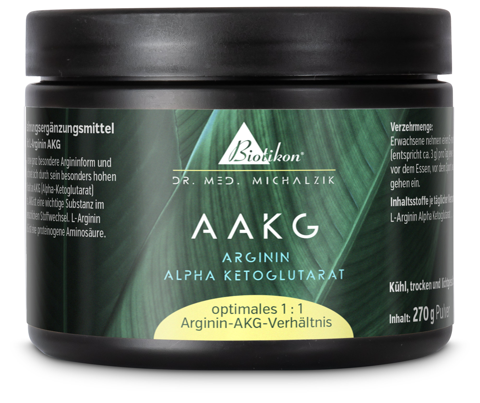 AAKG Arginine Alpha Ketoglutarate – 270g powder Powder for AAKG with 270 g content in a black can, easily removable, green accent color.