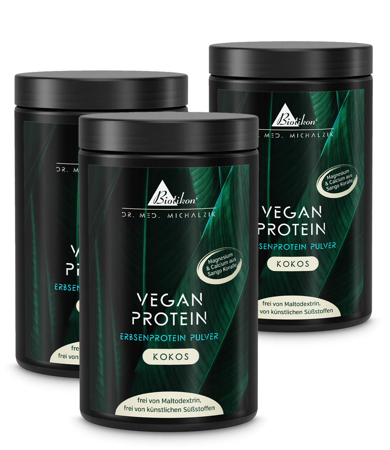 Three white containers of coconut plant protein powder, 600 g, on a white background.