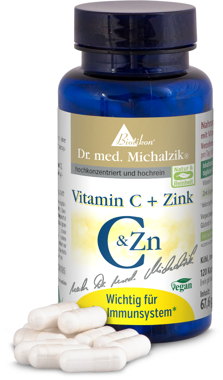 Vitamin C + Zinc – 120 Capsules Blue bottle with 120 vegan capsules, containing Vitamin C and Zinc, on a white background.