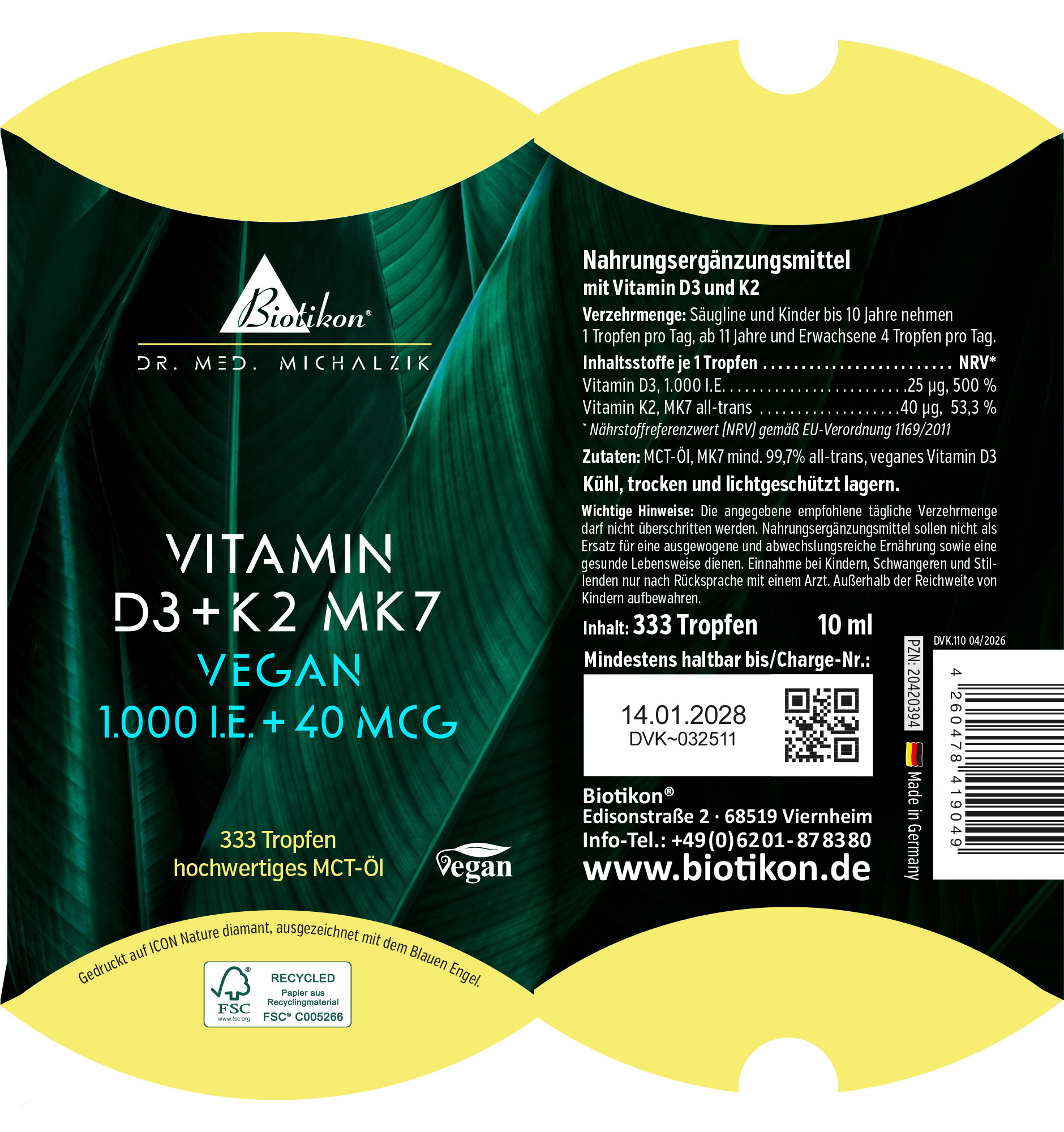 Food supplement with vitamin D3 and K2, 333 drops, 10 ml, green packaging, vegan, front view.