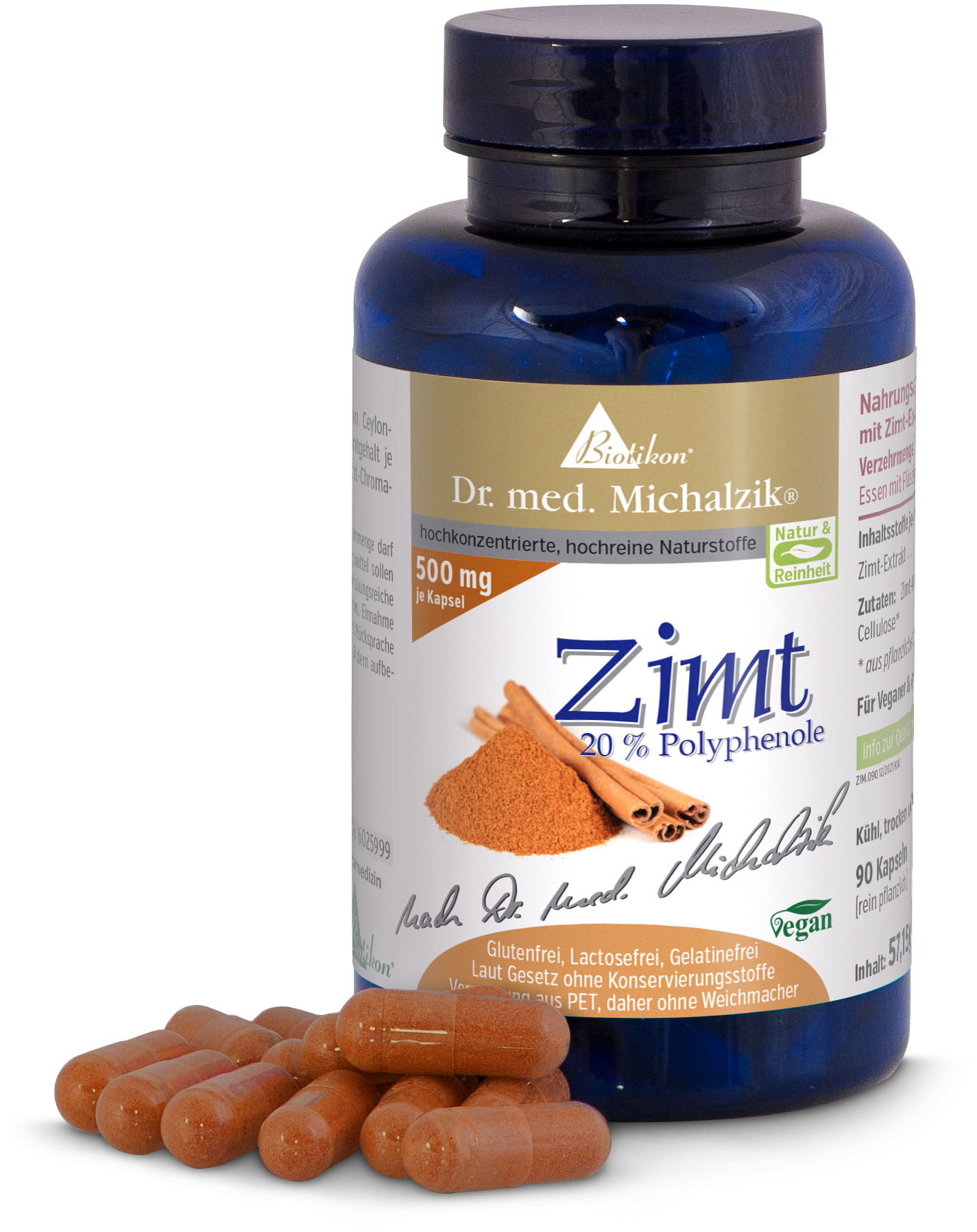 Cinnamon 500 mg – Capsules Blue bottle containing 90 cinnamon capsules, brown capsules, vegan formulation.