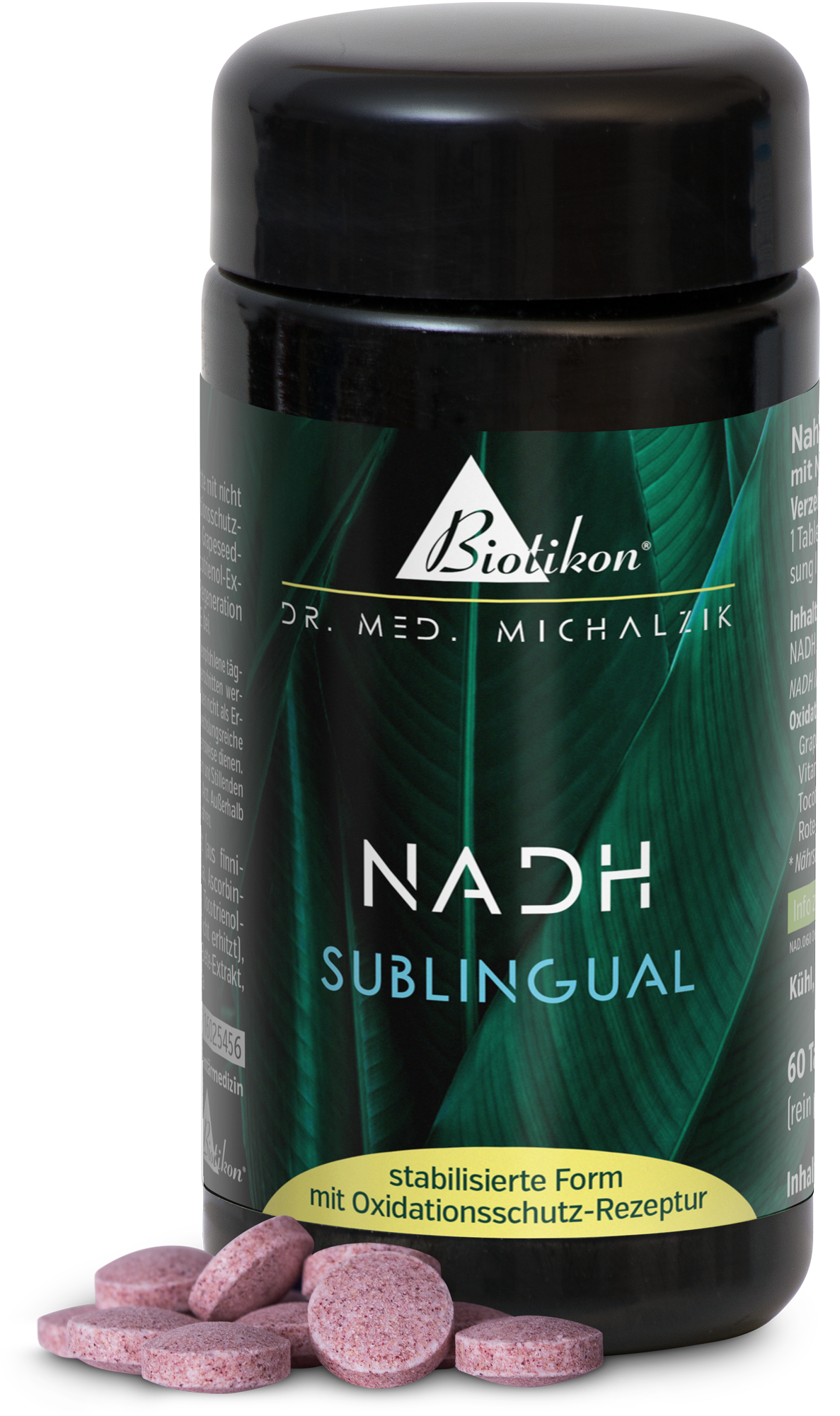 NADH Sublingual – 60 Tablets NADH sublingual tablets in a black bottle, contains 60 pink tablets, vegan and gluten-free, on a white background.