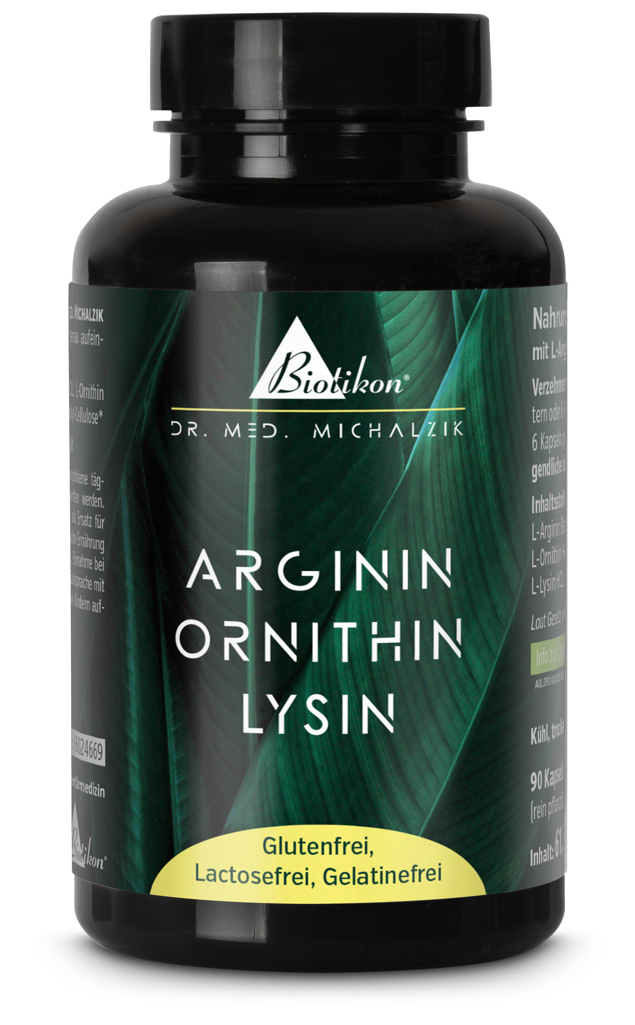 Blue bottle containing arginine, ornithine, and lysine capsules, 60 pieces, vegan capsule form.