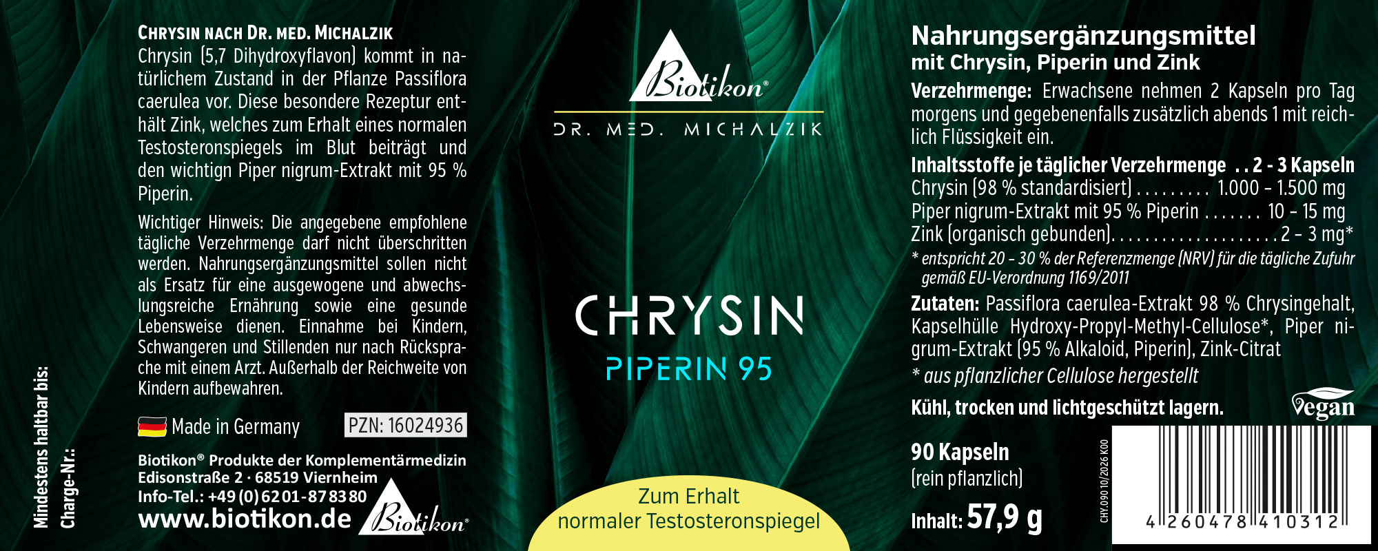 Chrysin dietary supplement, 90 capsules, vegan packaging, displays ingredients and usage instructions.