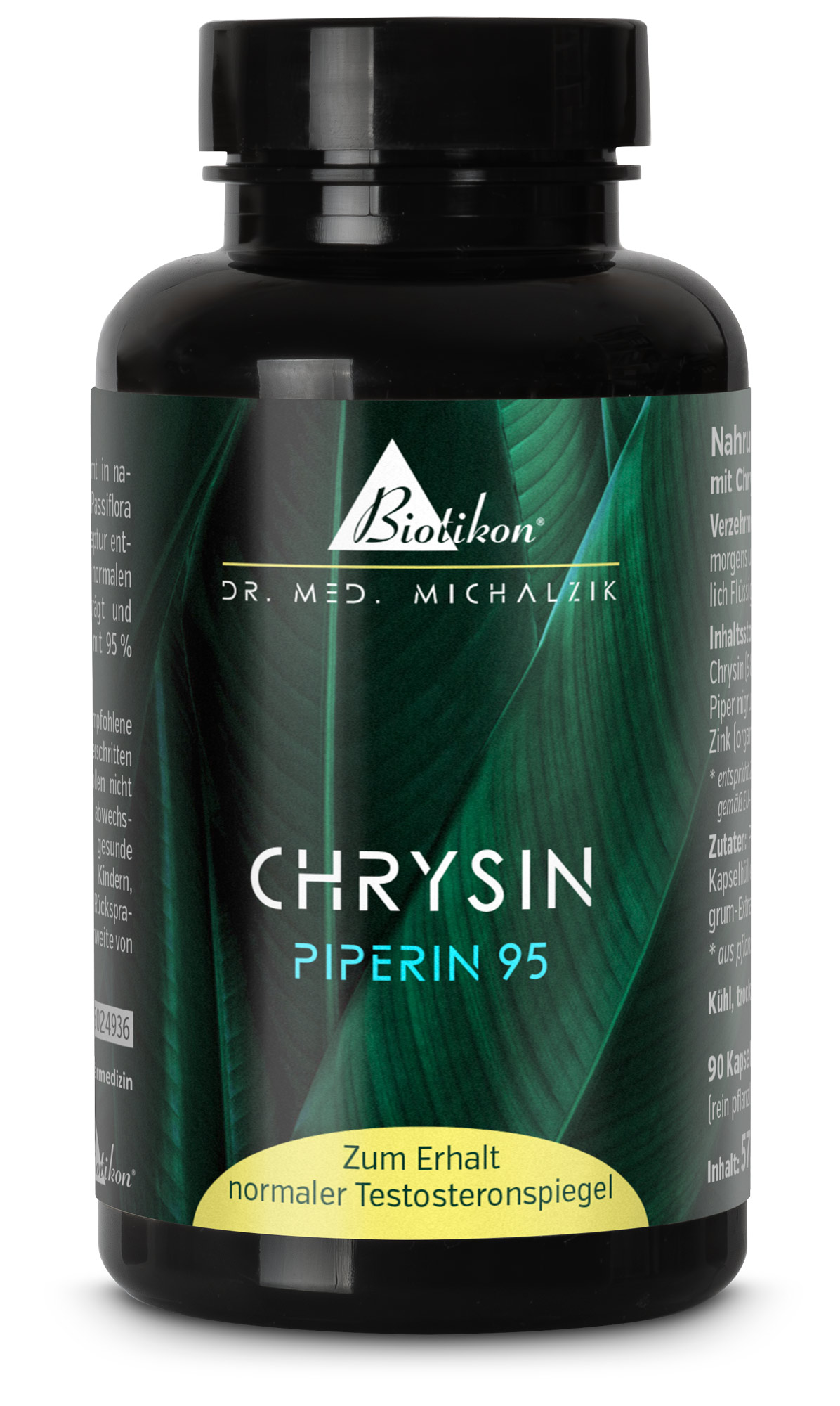 Chrysin 500 mg - Capsules Glass bottle containing Chrysin capsules, 500 mg, yellow, vegan, with several capsules in the foreground.