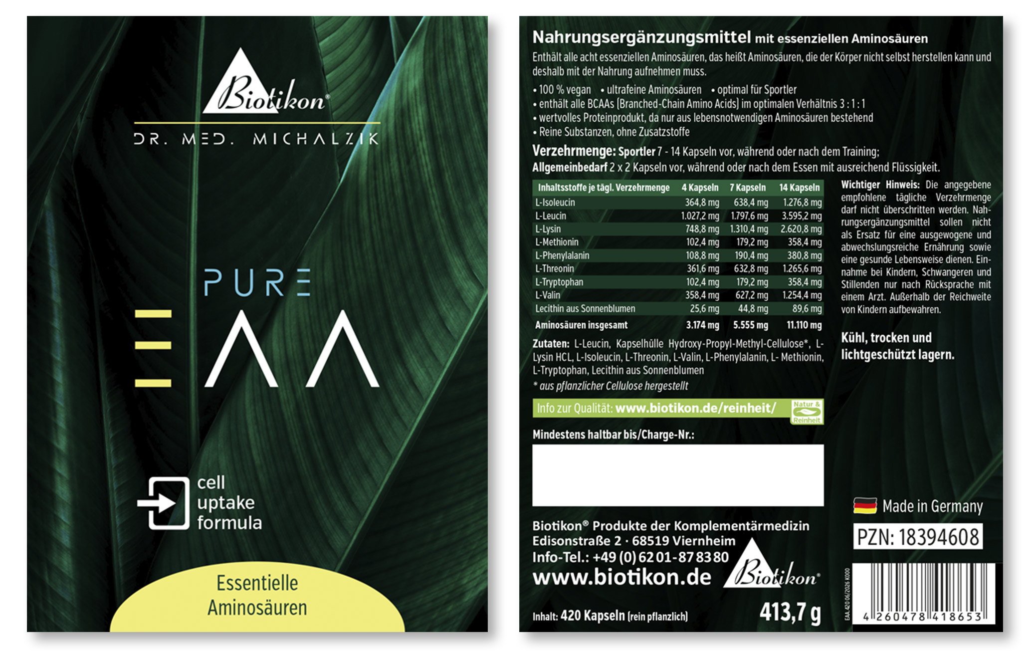 Pack of essential amino acids in capsules, 420 pieces, green packaging, front and back visible.