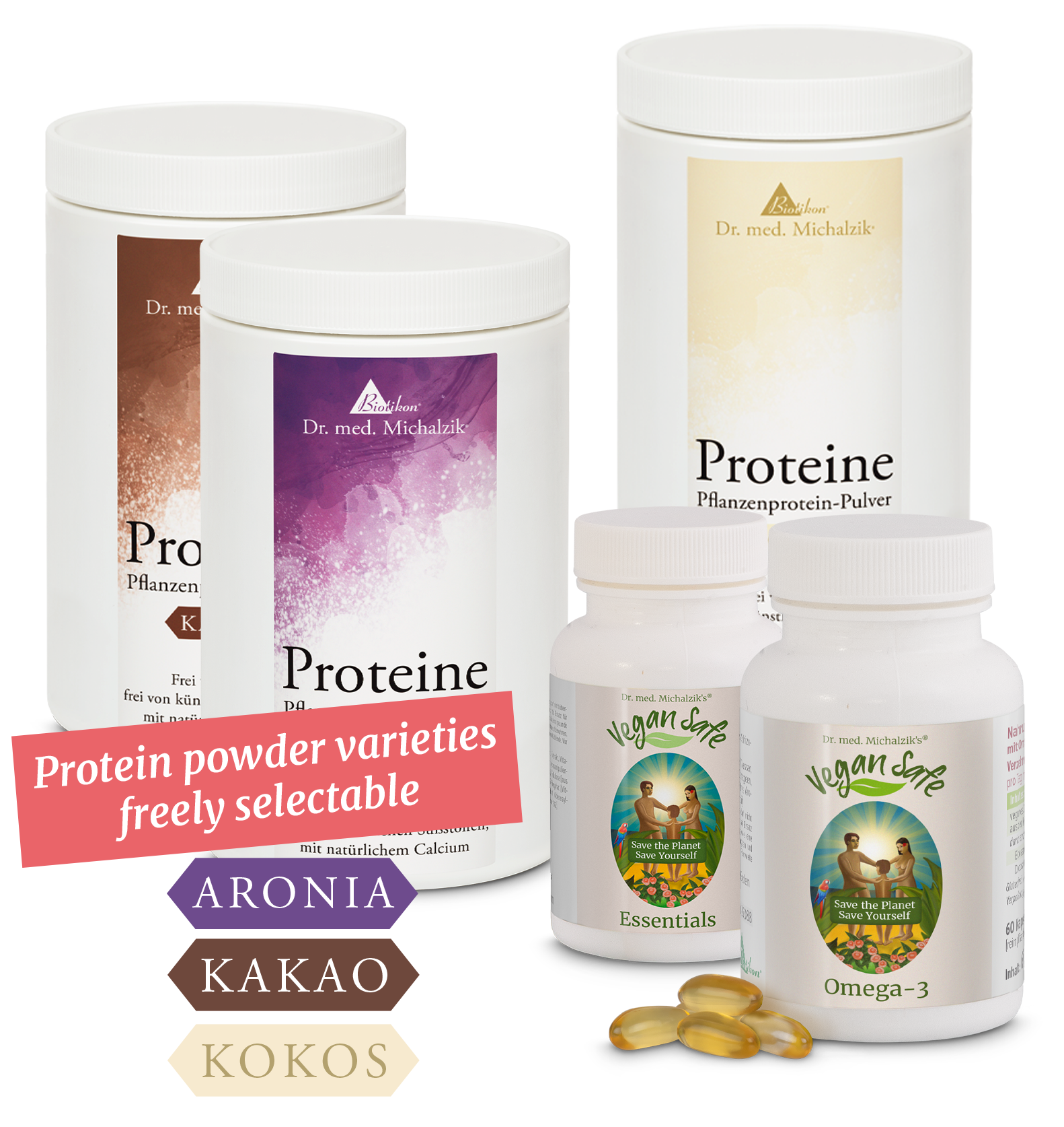 Plant Protein Powder - 400 g Three containers of plant protein powder and two bottles of Omega-3 and Essentials, various colors and labels.