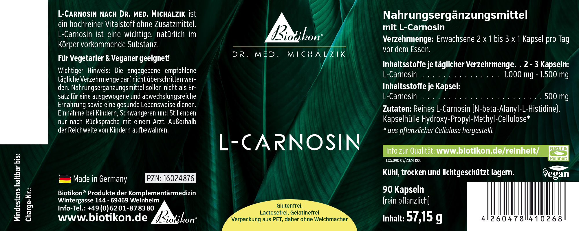 L-Carnosine 500 mg – Vegan Capsules Vegan L-Carnosine supplement in green packaging, 90 capsules.
