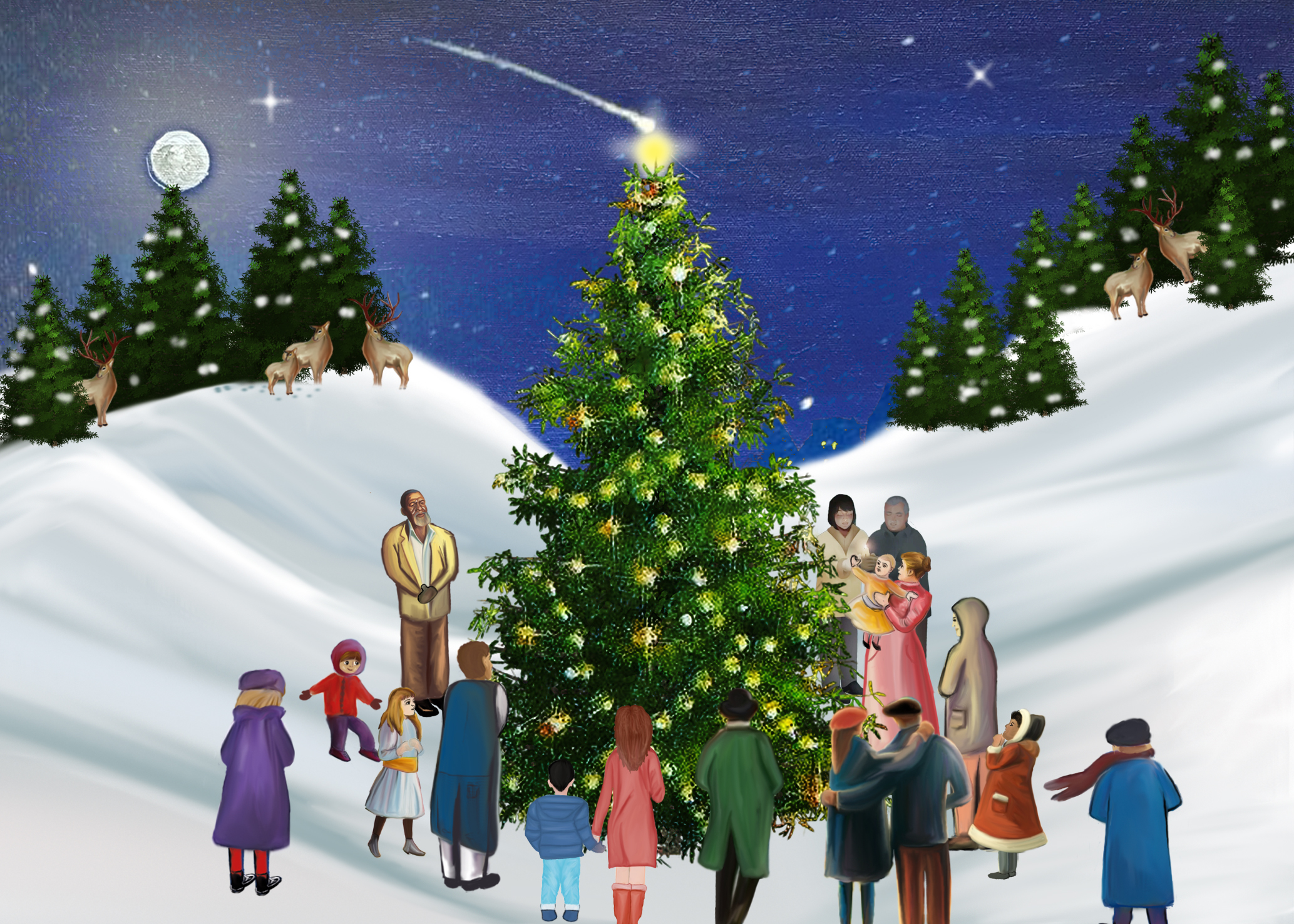 Christmas Tree Decoration - Family Celebration Festively decorated Christmas tree in a snowy landscape, surrounded by celebrating people, animals, and fir trees.
