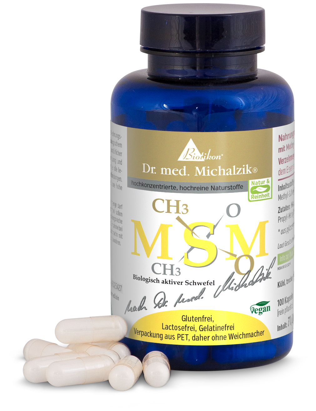 MSM 100 Capsules – Bioactive Sulfur Supplement Dark blue bottle containing 100 capsules, vegan, gluten-free, appealing packaging, on a light background.