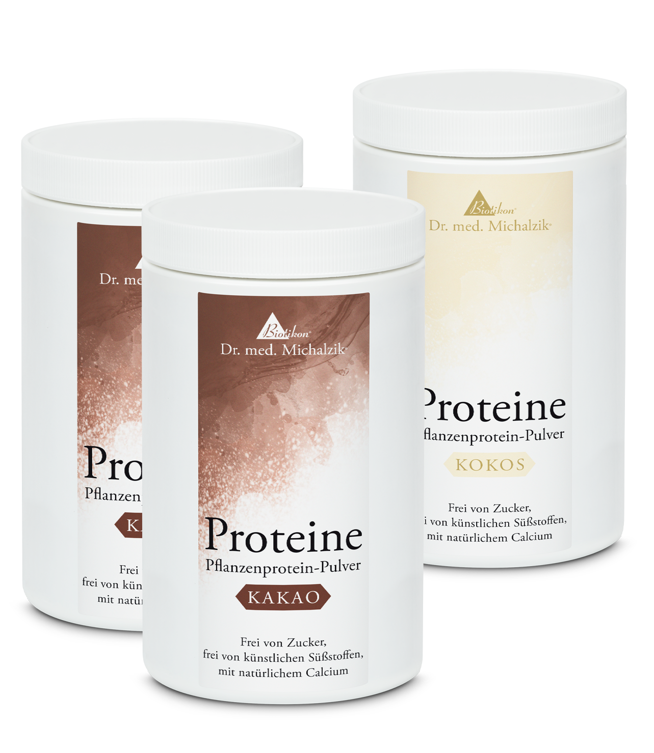 Plant Protein Powder 300g – Cocoa and Coconut Three cans of plant protein powder in cocoa and coconut flavors, 300g each, in white packaging.