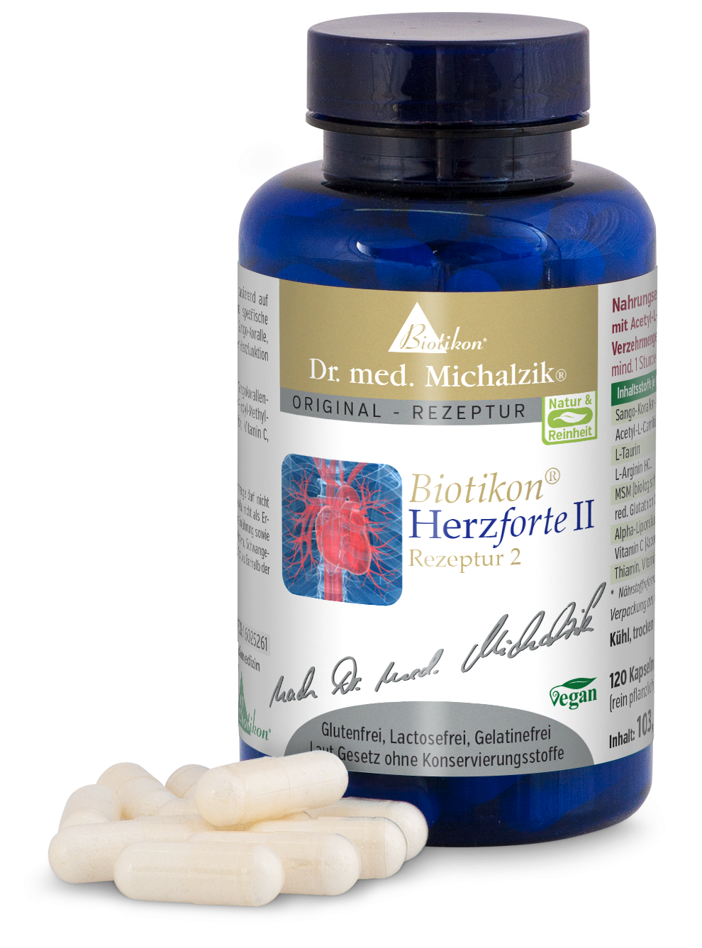 Biotikon Heart Forte II – 120 Capsules Blue glass container with 120 capsules, white, on a white background, side view.