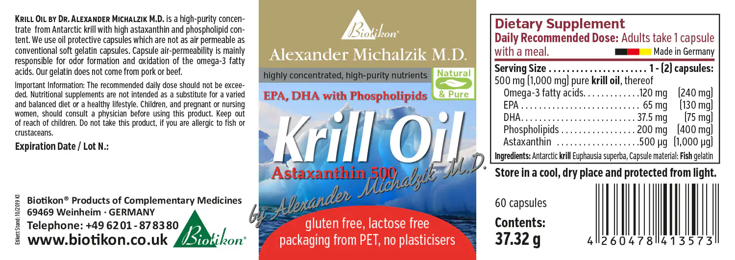 Krill Oil 500 mg - Capsules Krill oil capsules, 60 pieces, high quality, red-orange color, side view.