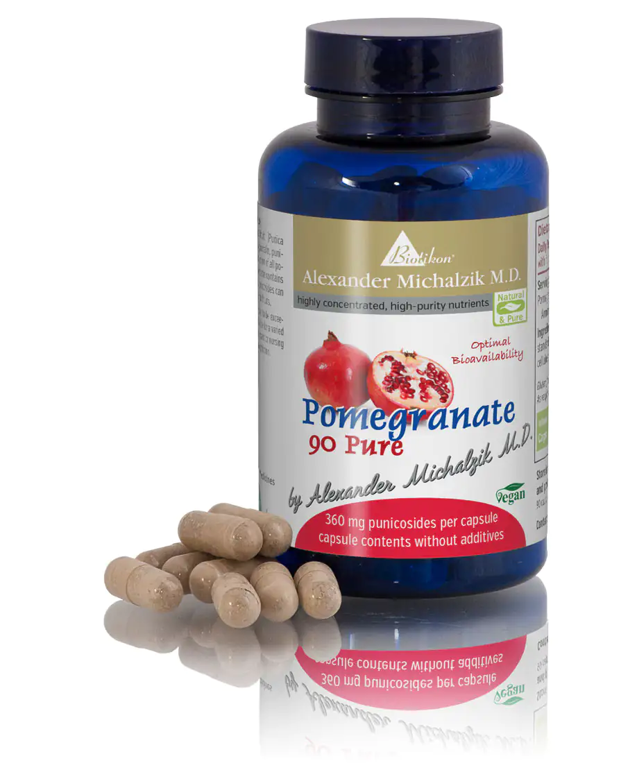 Pomegranate 90 – Capsules Blue bottle containing 90 vegan pomegranate capsules, showcased from multiple angles.
