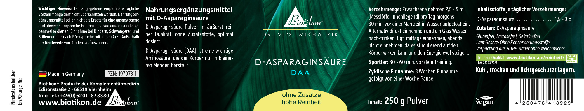 D-Aspartic Acid 250 g – Powder D-Aspartic Acid powder in 250 g packaging, greenish black, view of the box with dosage instructions.