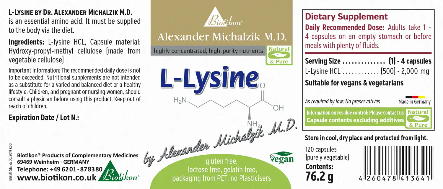 L-Lysine 2000 mg – Capsules L-Lysine dietary supplement in capsule form, 120 pieces, vegan and gluten-free packaging, front view.