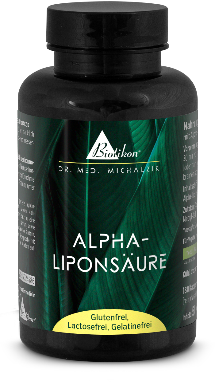 Alpha Lipoic Acid 180 Capsules - Dietary Supplement Blue bottle containing 180 yellow capsules, vegan, gluten-free, side view.
