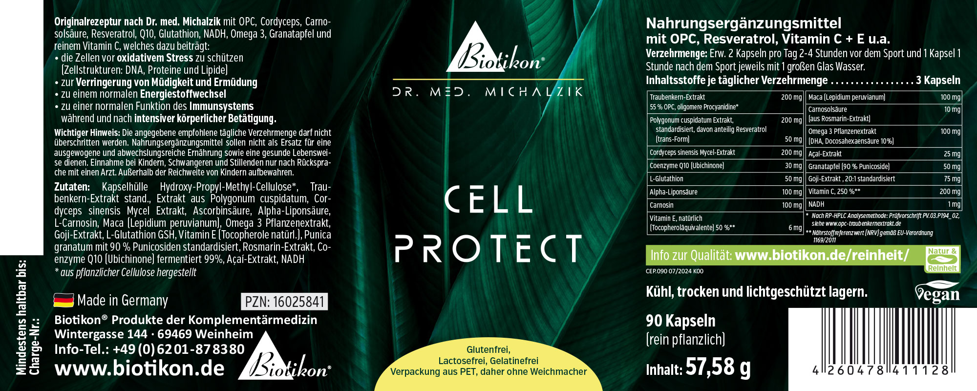 Cell Protection Capsules – 90 Count Dietary supplement in dark packaging, 90 plant-based capsules for cell protection, greenish color, slightly angled capture.