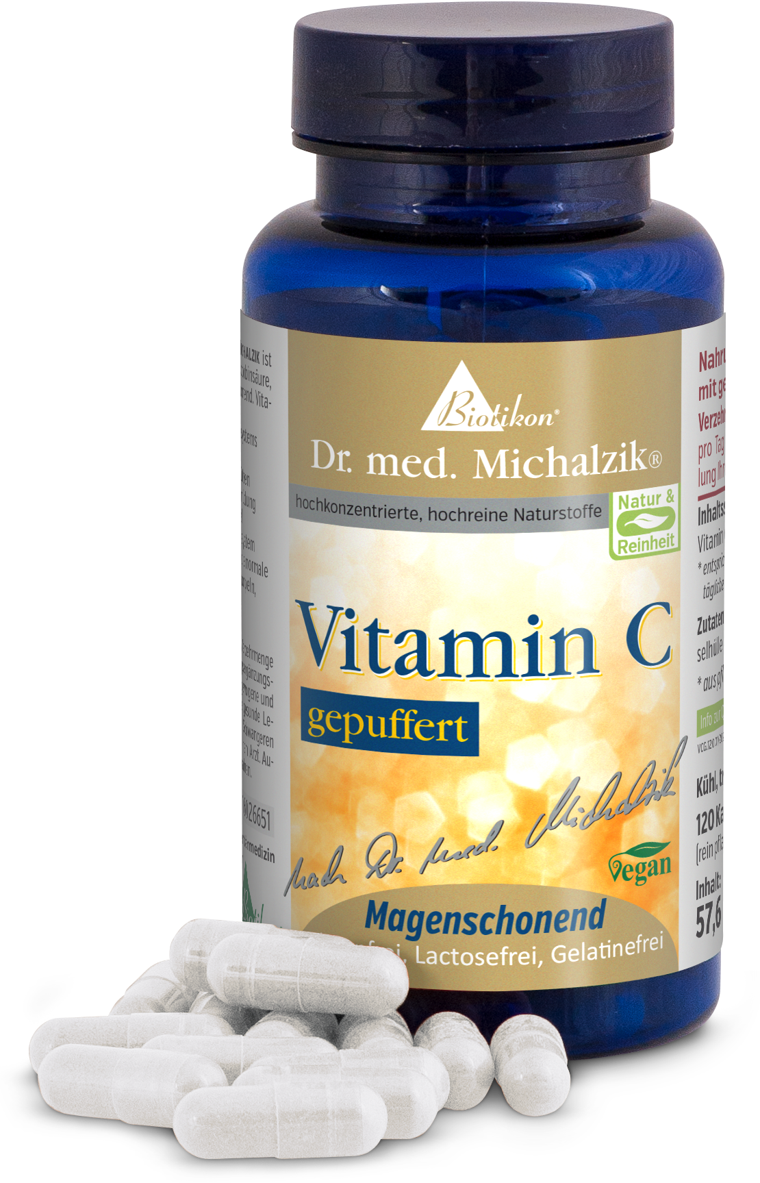 Buffered Vitamin C – 120 Capsules Blue bottle containing 120 buffered Vitamin C capsules, transparent, vegan, and gentle on the stomach.